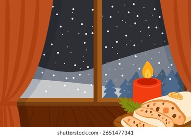 Sliced Christmas Stollen cake with a red candle on a wooden table by the window, with snow falling outside and pine trees in the background. For seasonal ads, greeting cards, winter-themed projects.