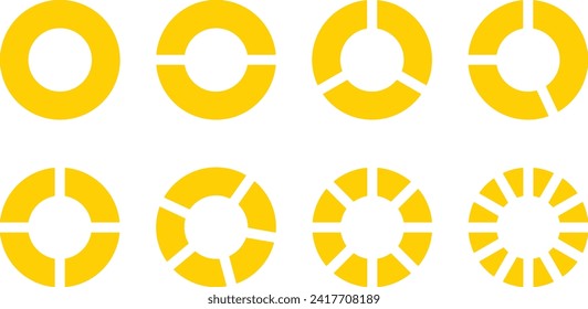 Sliced circle. Fractions pie divided for math. Yellow circle pie with pieces. Segment slice set. Vector illustration