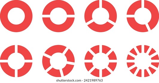 Círculo rebanado. Corta de fracciones dividida para matemáticas. Círculo rojo con pedazos. Conjunto de segmentos. Ilustración del vector