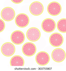 sliced citrus fruit summertime messy seamless pattern with pink grapefruit slices on white background