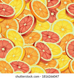 Sliced citrus fruits pattern of lime, orange and grapefruit. Vector seamless pattern design for textile, fashion, paper, packaging and branding. 