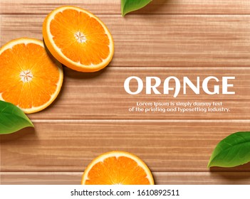 Sliced citrus and leaf laying on wooden table in 3d illustration, flat lay style background with copyspace