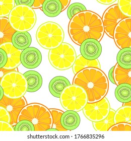 Sliced citruses lemon orange kiwi fruits seamless vector pattern. Green kiwi, orange, lemon fruit half-cut slices closeup. Tropical fruit cut into halves on white.