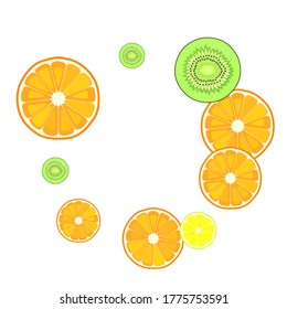 Sliced citruses lemon orange kiwi fruits seamless vector pattern. Orange, lemon and kiwi cut in half. Tropical fruit cut into halves on white.