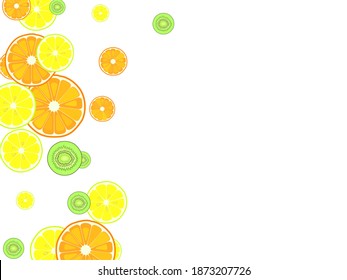 Sliced citruses lemon orange kiwi fruits seamless vector pattern. Green kiwi, orange, lemon fruit half-cut slices closeup. Tropical fruit cut into halves on white.