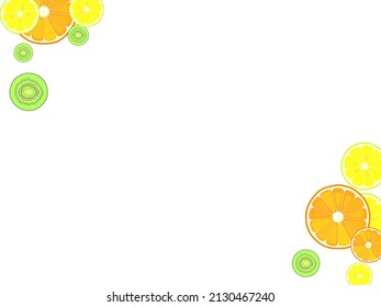 Sliced citruses lemon orange kiwi fruits seamless vector pattern. Green kiwi, orange, lemon fruit half-cut slices closeup. Tropical fruit cut into halves on white.