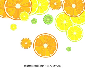 Sliced citruses lemon orange kiwi fruits seamless vector pattern. lemon, kiwi, orange, citron, grape vector illustration. Colorful vector background.
