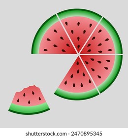 Sliced cocktail water melon fruit vector set. Red watermelon piece with bite. EPS 10.