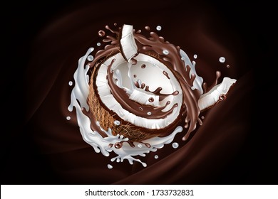 Sliced coconut in a chocolate and milky splash.