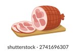 Sliced cooked ham with netting a wooden cutting board flat meat food