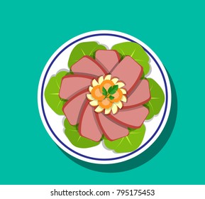 Sliced Corn beef and cabbage on plate, Top view, vector