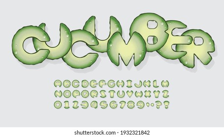 Sliced cucumber font. Vector cartoon alphabets isolated on white background.