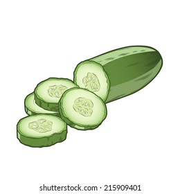 Sliced cucumber isolated on a white background. Color line art. Retro design. Vector illustration.