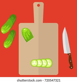 Sliced cucumber, on a cutting board and kitchen knife. Flat design, vector illustration, vector.