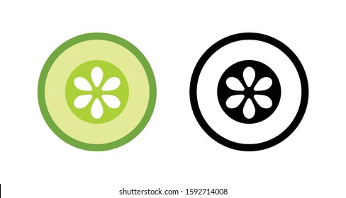 Sliced cucumber simple vector logo flat icon illustration design. Colored and outline line art set