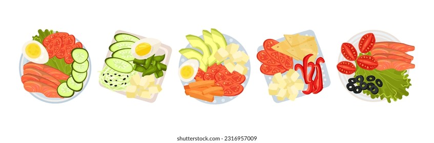 Sliced and Cut Vegetables, Fish and Cheese Served on Plate Above View Vector Set