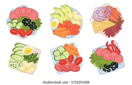 Sliced and Cut Vegetables, Meat and Cheese Served on Plate Above View Vector Set