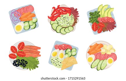 Sliced and Cut Vegetables, Meat and Cheese Served on Plate Above View Vector Set