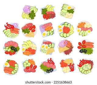 Sliced and Cut Vegetables, Wurst, Cheese and Fish Served on Plate Above View Big Vector Set