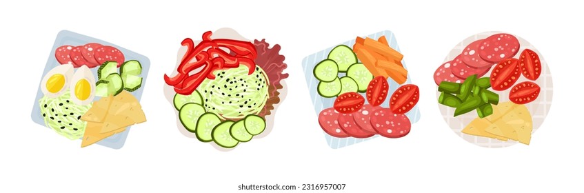 Sliced and Cut Vegetables, Wurst and Cheese Served on Plate Above View Vector Set