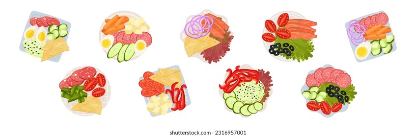 Sliced and Cut Vegetables, Wurst, Fish and Cheese Served on Plate Above View Vector Set