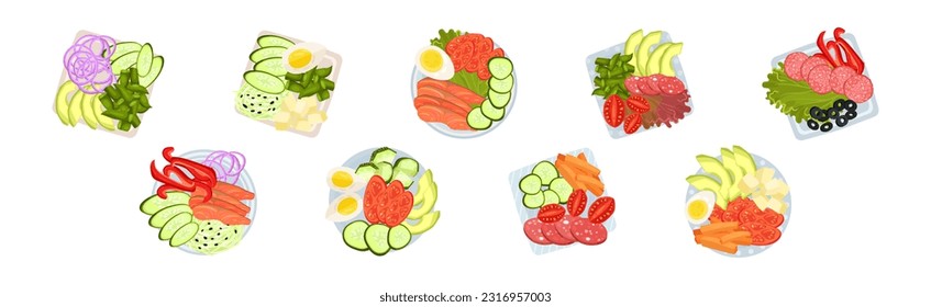 Sliced and Cut Vegetables, Wurst, Fish and Cheese Served on Plate Above View Vector Set