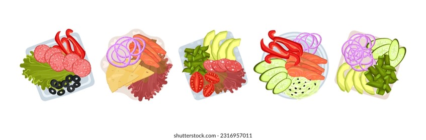 Sliced and Cut Vegetables, Wurst, Fish and Cheese Served on Plate Above View Vector Set