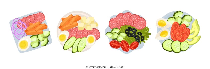 Sliced and Cut Vegetables and Wurst Served on Plate Above View Vector Set