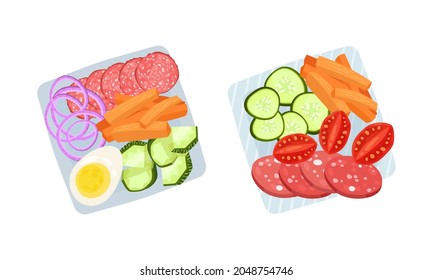 Sliced and Cut Wurst and Vegetables Served on Plate Above View Vector Set