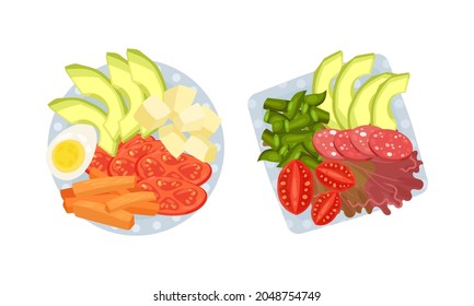 Sliced and Cut Wurst and Vegetables Served on Plate Above View Vector Set