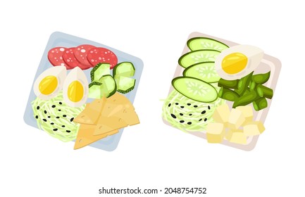 Sliced and Cut Wurst and Vegetables Served on Plate Above View Vector Set