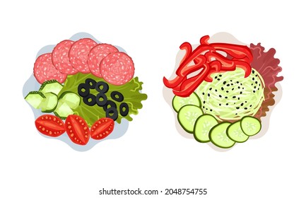 Sliced and Cut Wurst and Vegetables Served on Plate Above View Vector Set