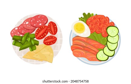 Sliced and Cut Wurst and Vegetables Served on Plate Above View Vector Set