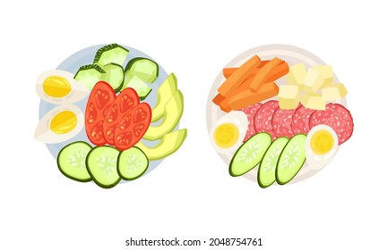 Sliced and Cut Wurst and Vegetables Served on Plate Above View Vector Set