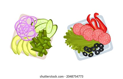 Sliced and Cut Wurst and Vegetables Served on Plate Above View Vector Set