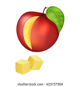 Sliced and diced red peach. Ripe tropical fruit with leaf realistic vector isolated on white. Fresh ingredient of vegetarian salad illustration for healthy food and natural nutrition concepts