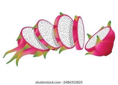 Sliced dragon fruits isolated on white background. Realistic dragon fruit.