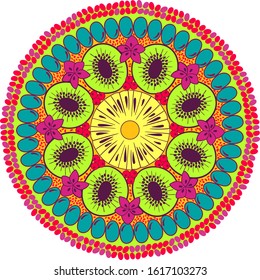 Sliced exotic fruits plate mandala. Summer fruits colorful mandala. decorated with pomegranates and chia seeds