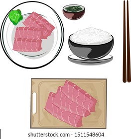 Sliced fish in a chopping board, food dish and rice bowl with chopsticks, Japanese Korean food, fish menu