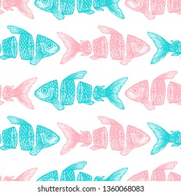 Sliced Fish Seamless Pattern. Vector Illustration of Tattoo Hand Drawn Sketch.