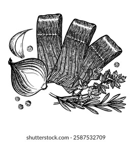 Sliced fish with vegetables. A vector graphic illustration made by hand. Black and white image of a fishy, delicious dish. On a white background. For menus, recipe books, packages, labels, invitations