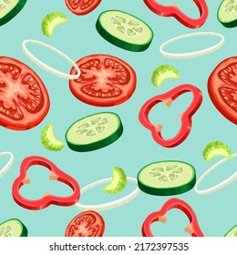 Sliced flying vegetables seamless pattern. Salad ingredients on the green background. Tomato, cucumber, onion and celery slices. Vector illustration.