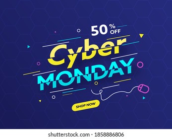 Sliced Font Cyber Monday with 50% Discount Offer and Wired Mouse on Blue Hexagon Pattern Background For Sale.