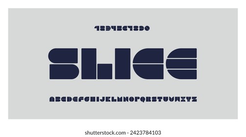 Sliced font. Minimal typography. Geometric bold letters and numbers. Alphabet for technology, industrial, decoration, fashion, sport, logo, poster, web. Cut style design with modular characters.