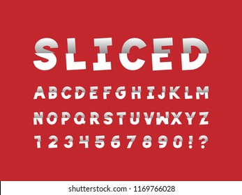 Sliced font. Vector alphabet letters and numbers. Typeface design.