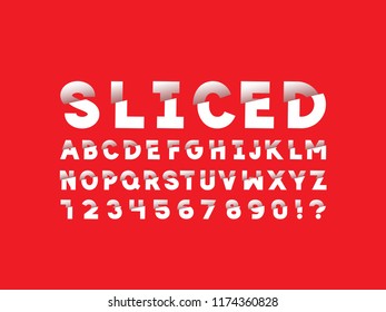 Sliced font. Vector alphabet letters and numbers. Typeface design.