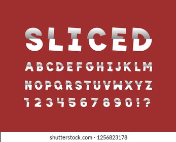 Sliced font. Vector alphabet letters and numbers. Typeface design. 