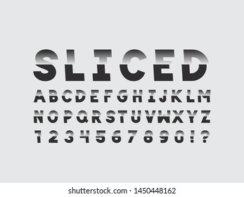 Sliced font. Vector alphabet letters and numbers. Typeface design.Typography Graphic