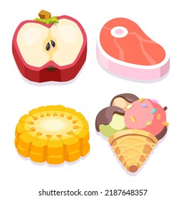 Sliced food vector icons set. Meat, corn, apple, ice cream.