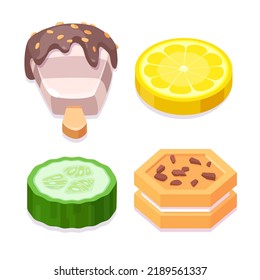 Sliced food vector icons set. Lemon, cookies, cucumber, chocolate ice cream.